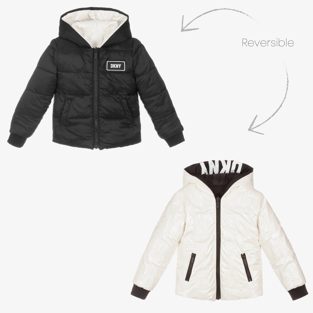 DKNY-جاكيت بوجهين لون أسود وعاجي للبنات | Childrensalon Outlet