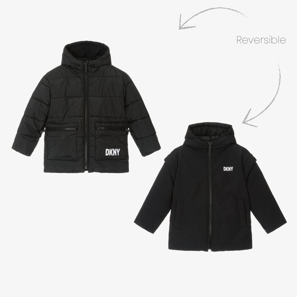 DKNY - معطف بافر هودي بوجهين لون أسود تينز | Childrensalon