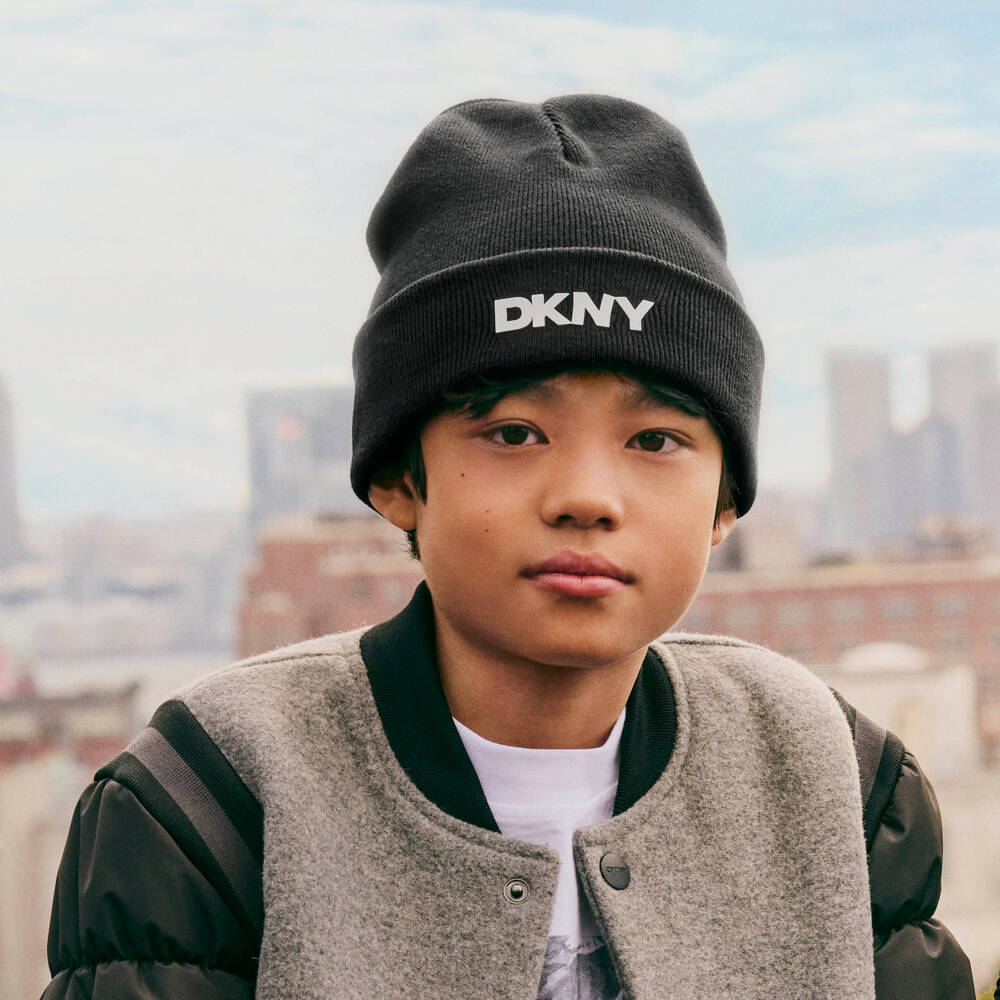 DKNY-Black Ribbed Cotton Knit Beanie | Childrensalon Outlet