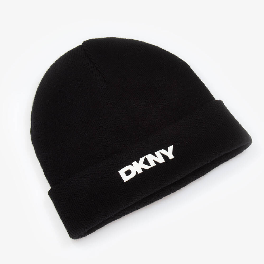 DKNY-Black Ribbed Cotton Knit Beanie | Childrensalon Outlet