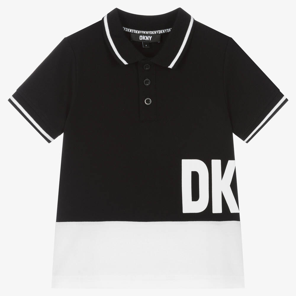 DKNY - توب بولو قطن بيكيه لون أسود وأبيض للأولاد | Childrensalon