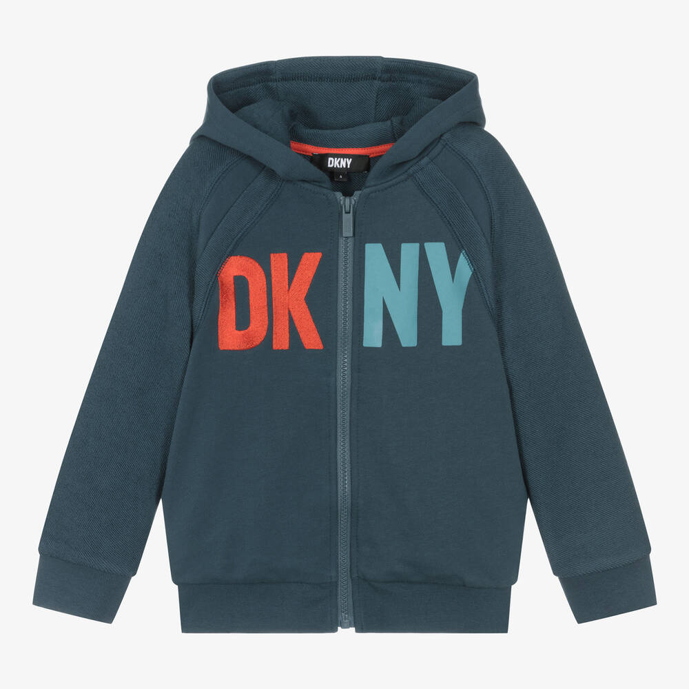 DKNY - توب هودي بسحّاب قطن لون أزرق للأولاد | Childrensalon