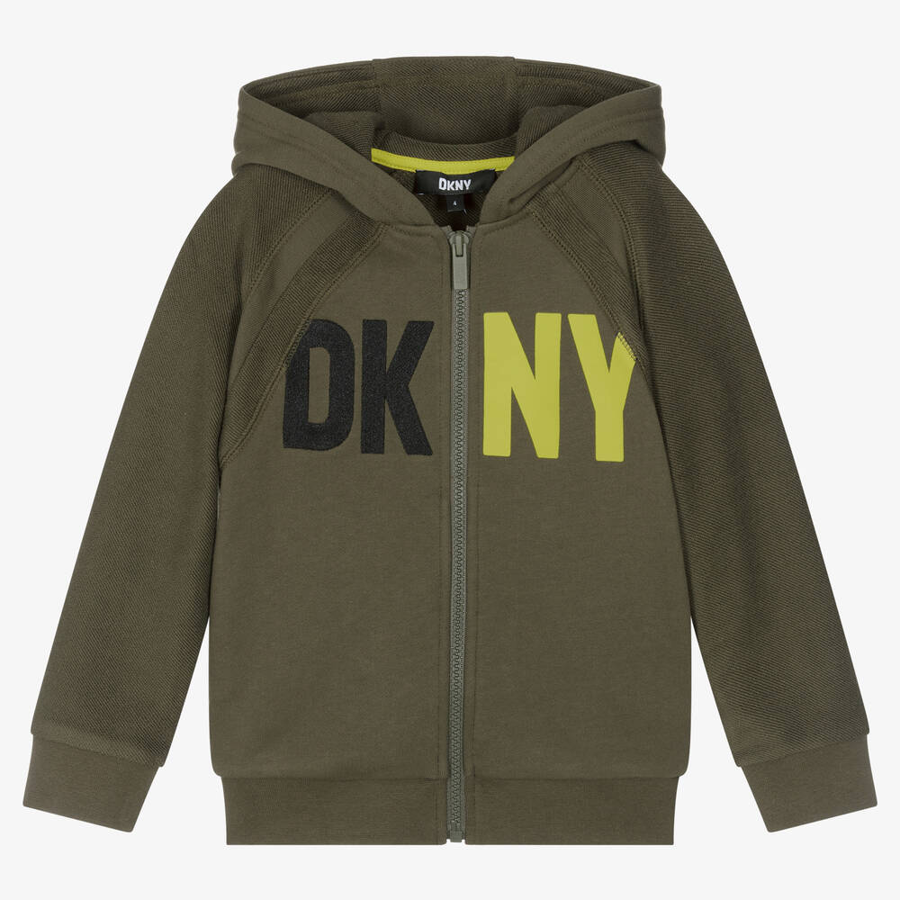 DKNY - Sweat à capuche coton vert zippé | Childrensalon