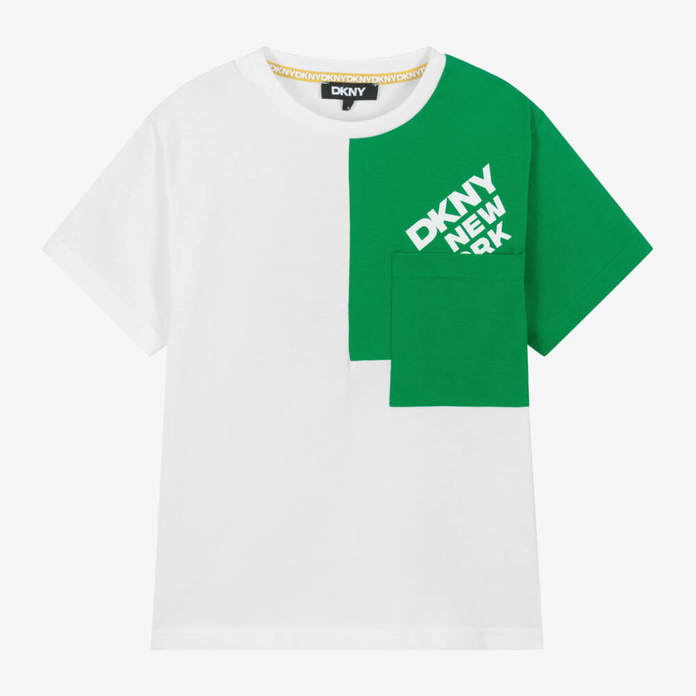 DKNY-تيشيرت قطني أخضر وأبيض للأولاد | Childrensalon Outlet