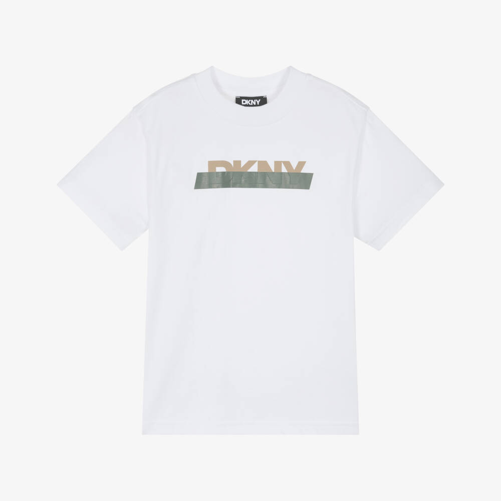 DKNY-Boys White Cotton Sticky Tape Logo T-Shirt | Childrensalon Outlet