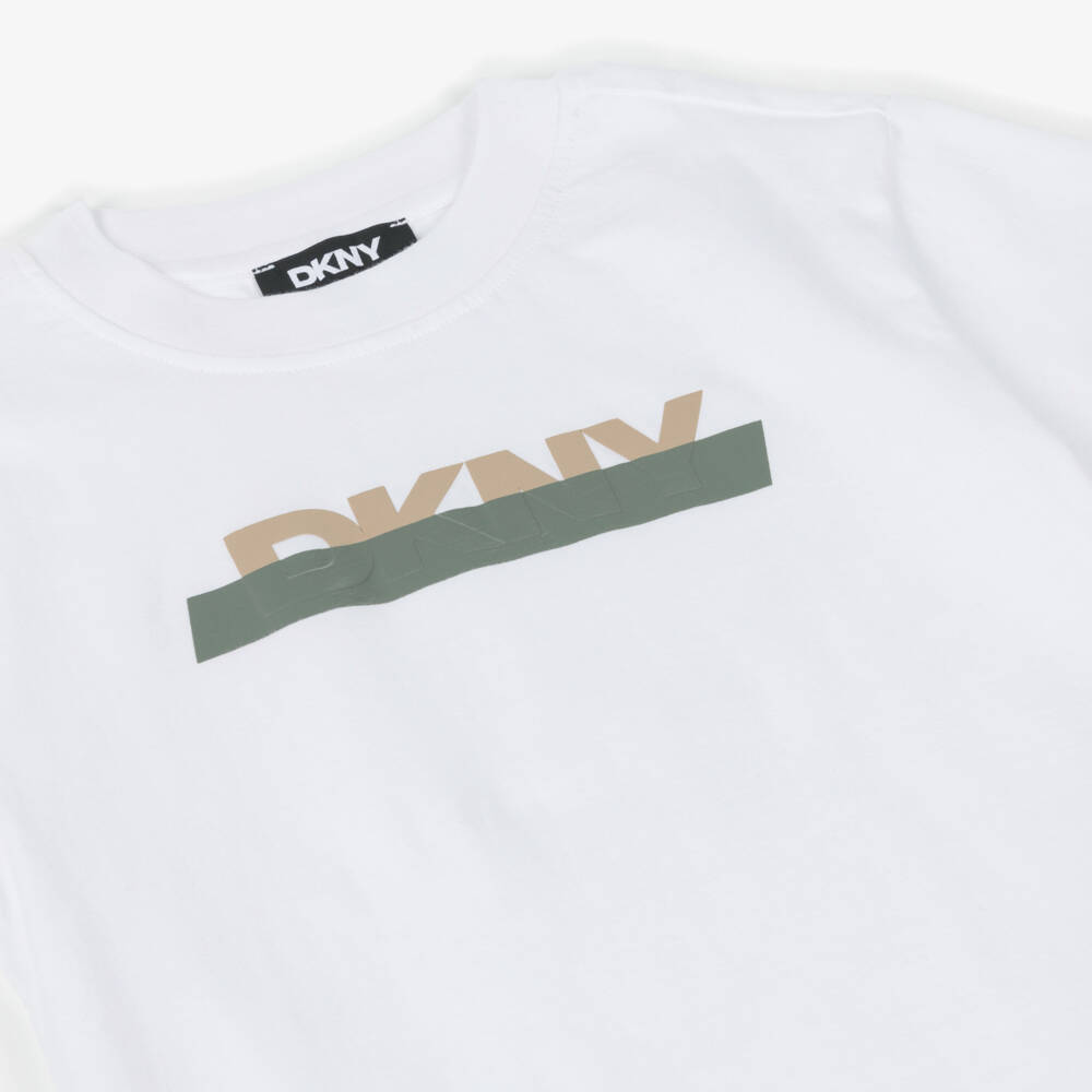 DKNY-Boys White Cotton Sticky Tape Logo T-Shirt | Childrensalon Outlet