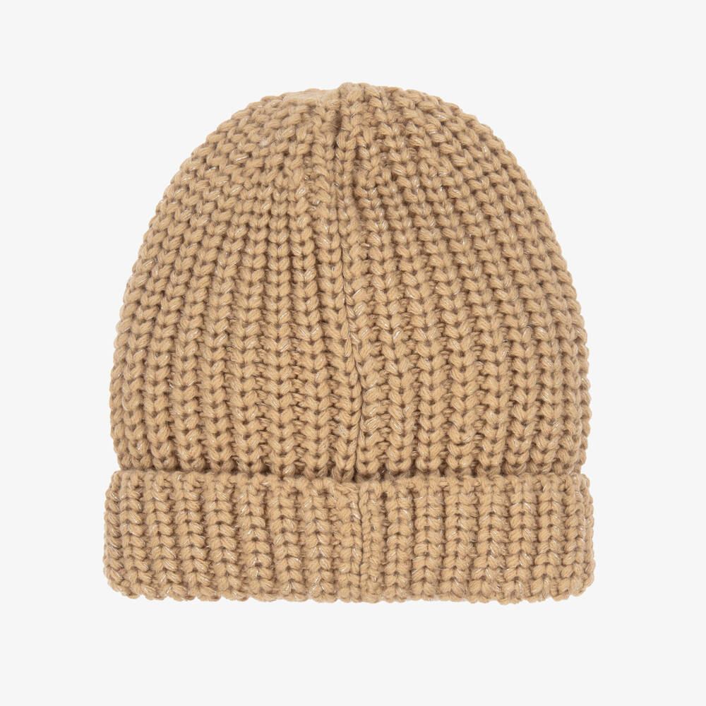 DKNY-Girls Beige Chunky Knit Beanie with Silver Thread & Logo | Childrensalon Outlet