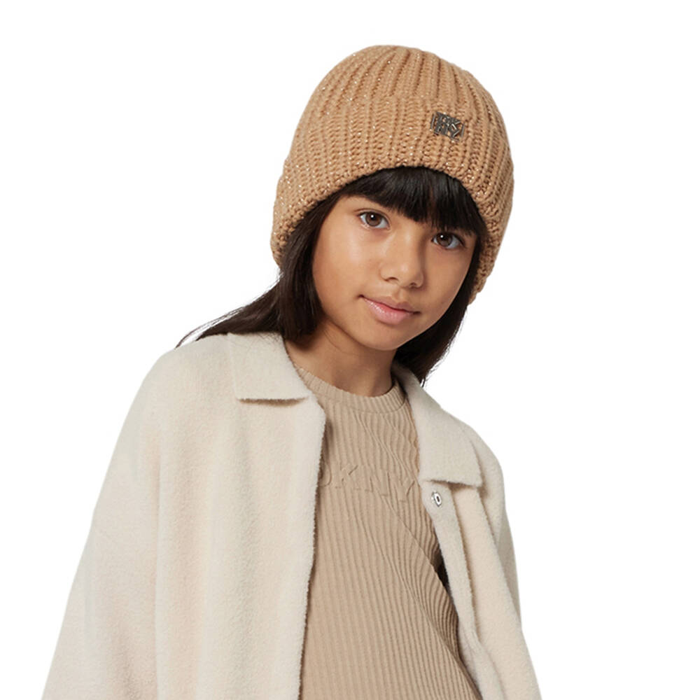 DKNY-Girls Beige Chunky Knit Beanie with Silver Thread & Logo | Childrensalon Outlet