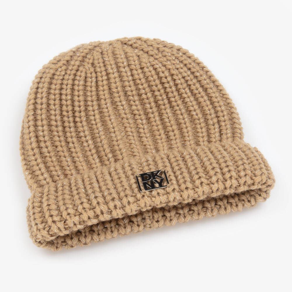 DKNY-Girls Beige Chunky Knit Beanie with Silver Thread & Logo | Childrensalon Outlet