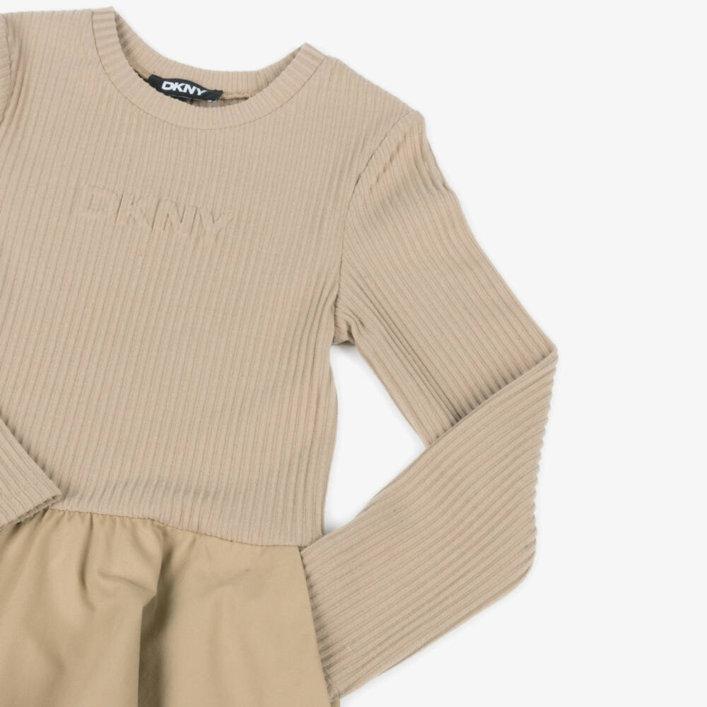 DKNY-فستان ميدي محبوك مضلع بلون بيج للبنات | Childrensalon Outlet