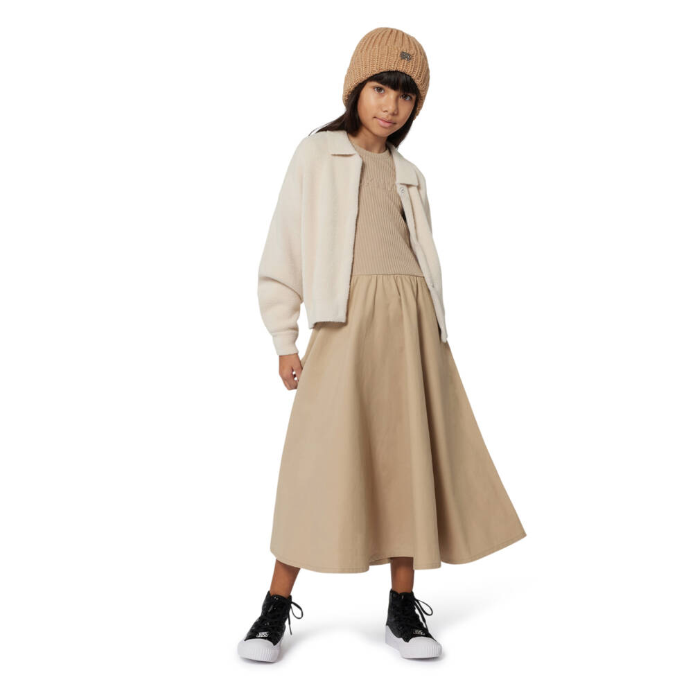 DKNY-فستان ميدي محبوك مضلع بلون بيج للبنات | Childrensalon Outlet