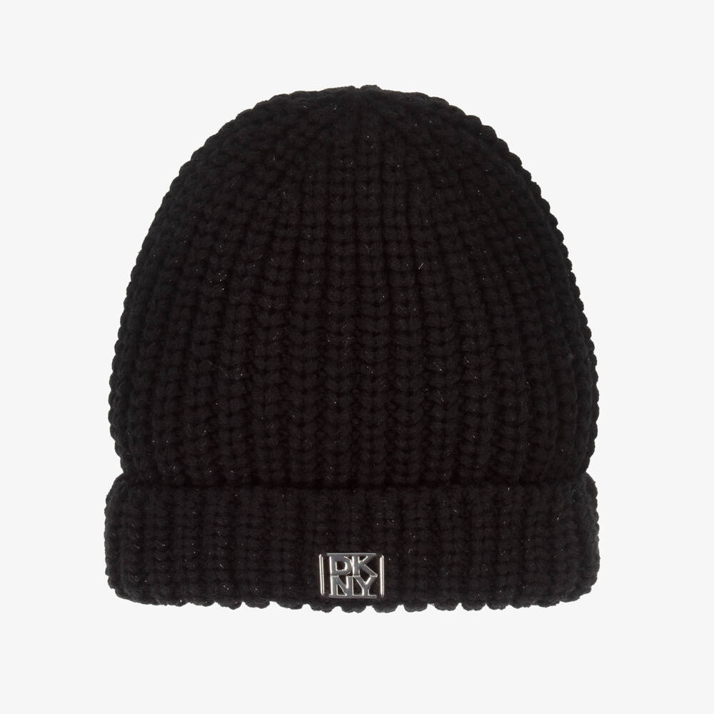DKNY-Girls Black Chunky Knit Beanie with Silver Thread & Logo | Childrensalon Outlet