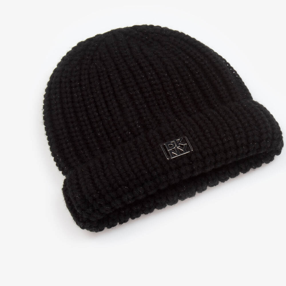 DKNY-Girls Black Chunky Knit Beanie with Silver Thread & Logo | Childrensalon Outlet