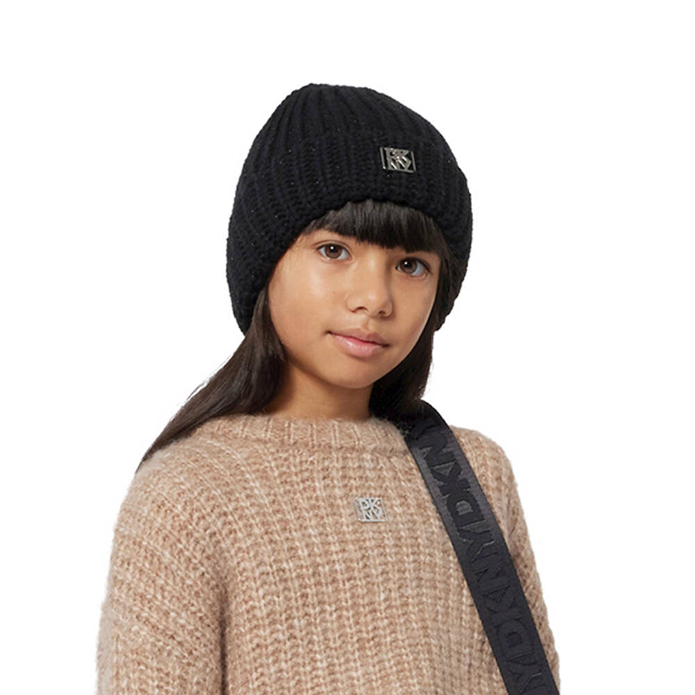DKNY-Girls Black Chunky Knit Beanie with Silver Thread & Logo | Childrensalon Outlet