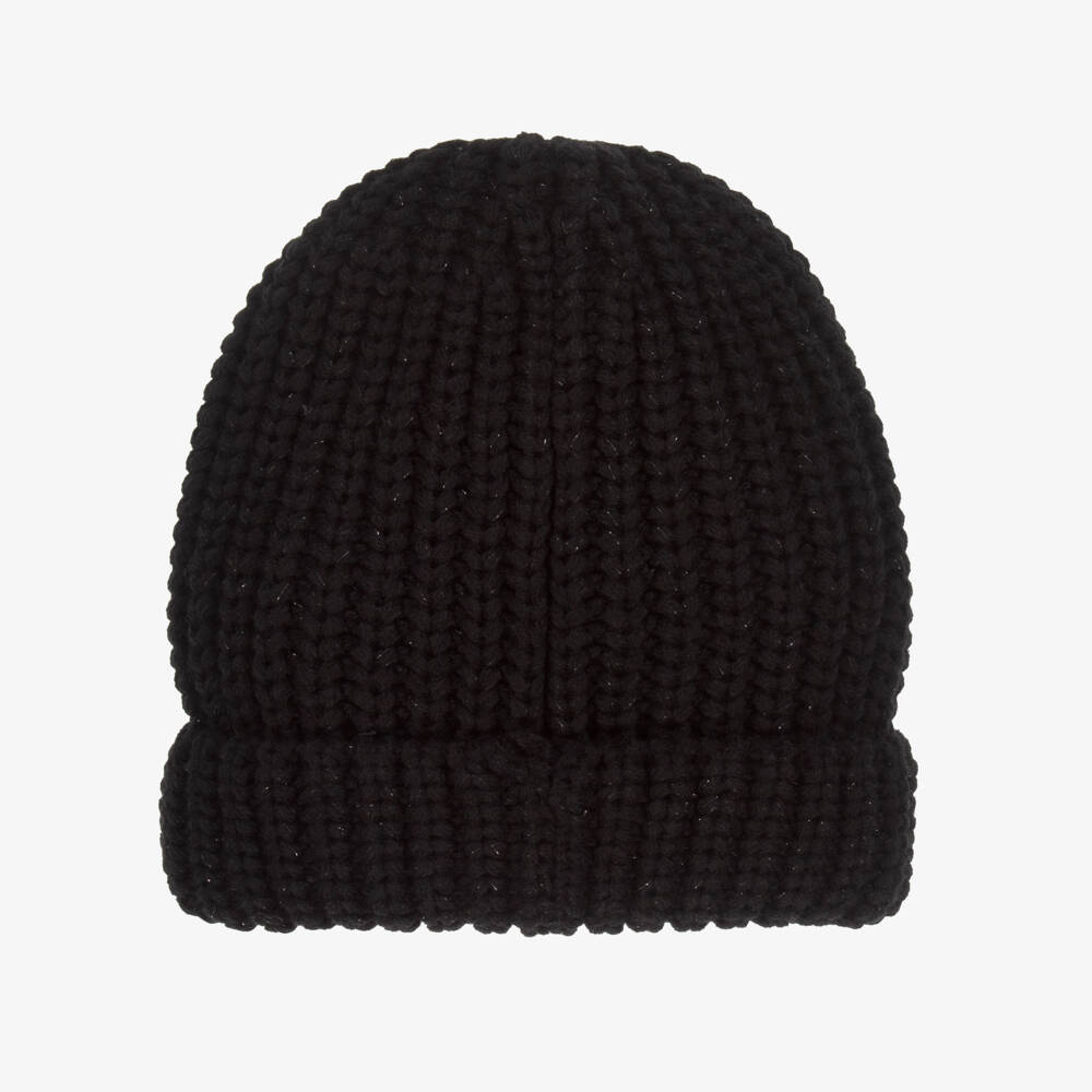 DKNY-Girls Black Chunky Knit Beanie with Silver Thread & Logo | Childrensalon Outlet