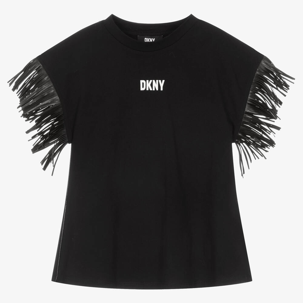 DKNY - Girls Black Cotton Fringe Dress | Childrensalon