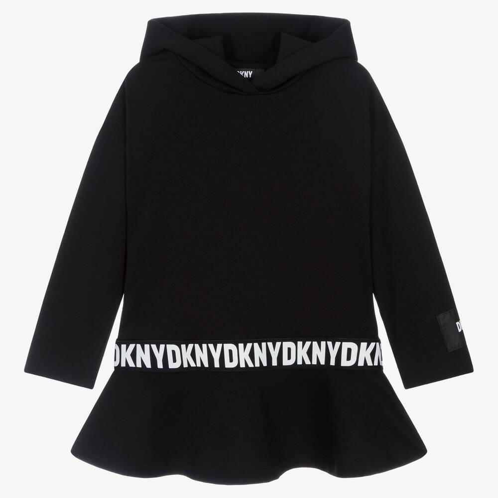 DKNY - Robe à capuche noire en coton fille | Childrensalon