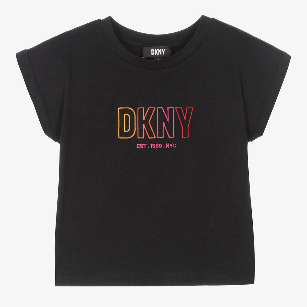 DKNY - Girls Black Cotton Logo T-Shirt | Childrensalon