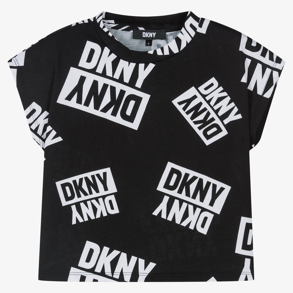 DKNY - تيشيرت قطن جيرسي لون أسود للبنات | Childrensalon