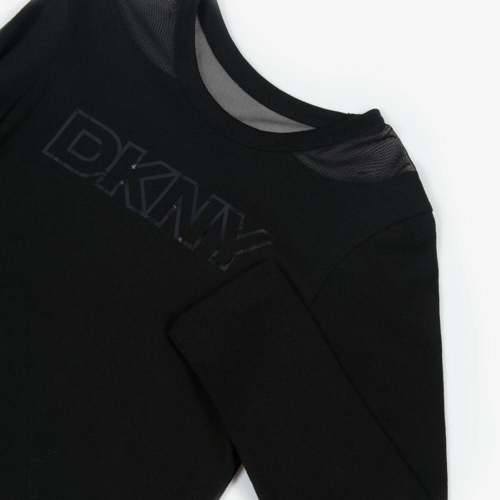 DKNY-بلوزة قطنية سوداء للبنات بأكتاف شبكية | Childrensalon Outlet
