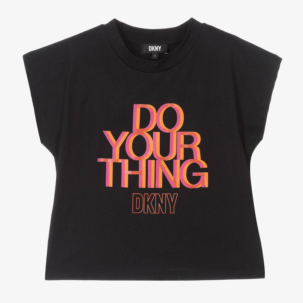 DKNY - Girls Black Cotton Slogan T-Shirt | Childrensalon