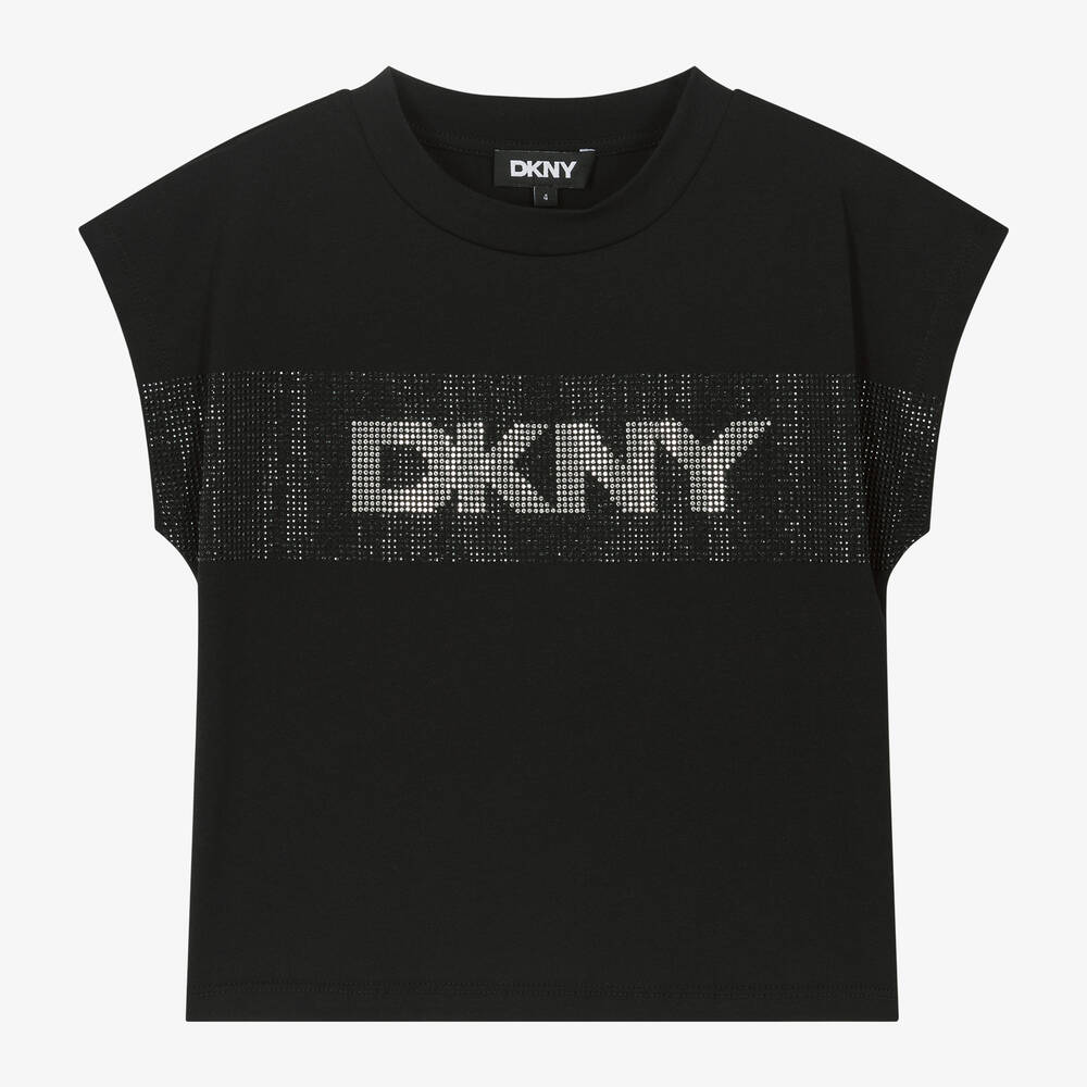 DKNY-Girls Black Cotton Studded T-Shirt | Childrensalon Outlet