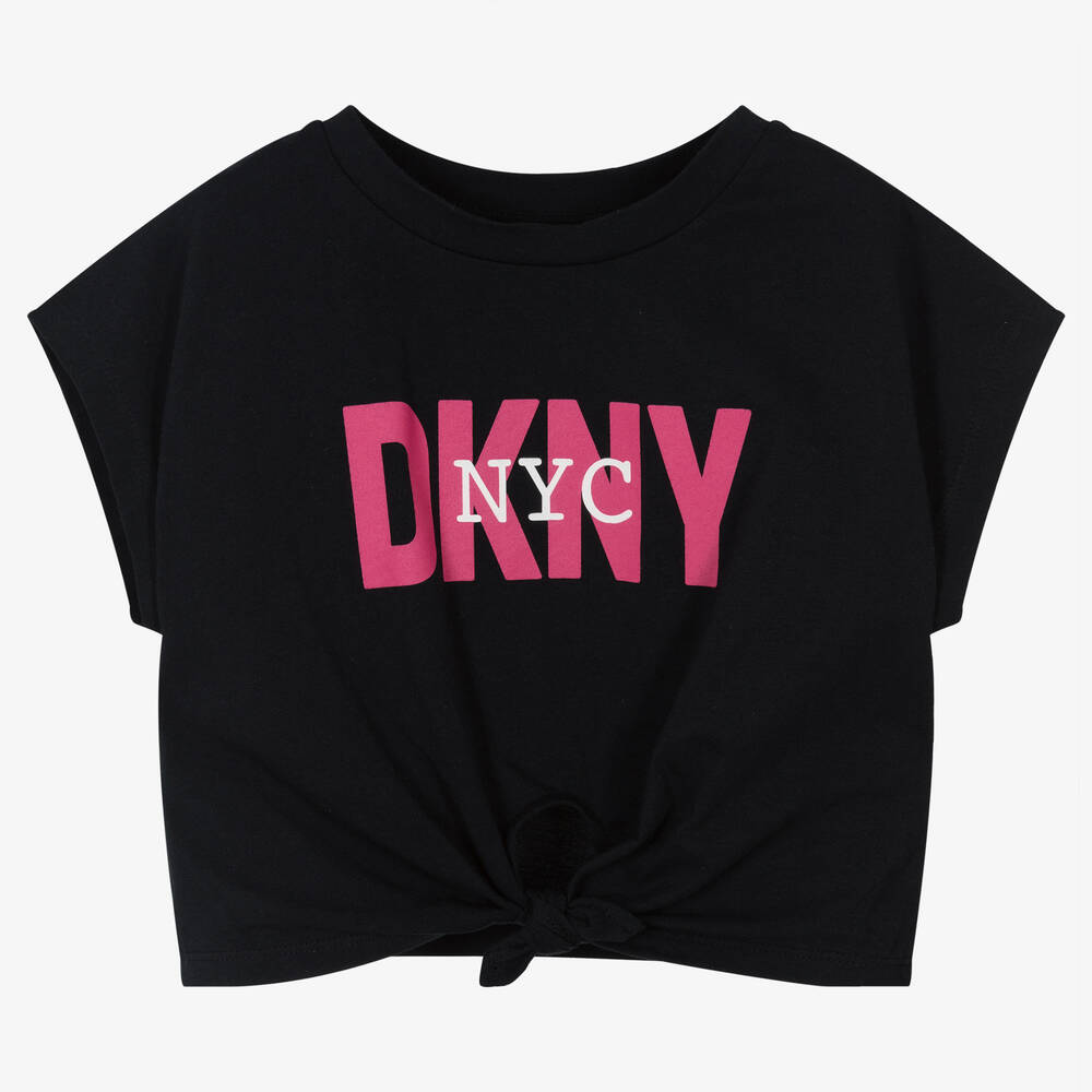 DKNY - تيشيرت قصير قطن عضوي جيرسي لون أسود للبنات | Childrensalon