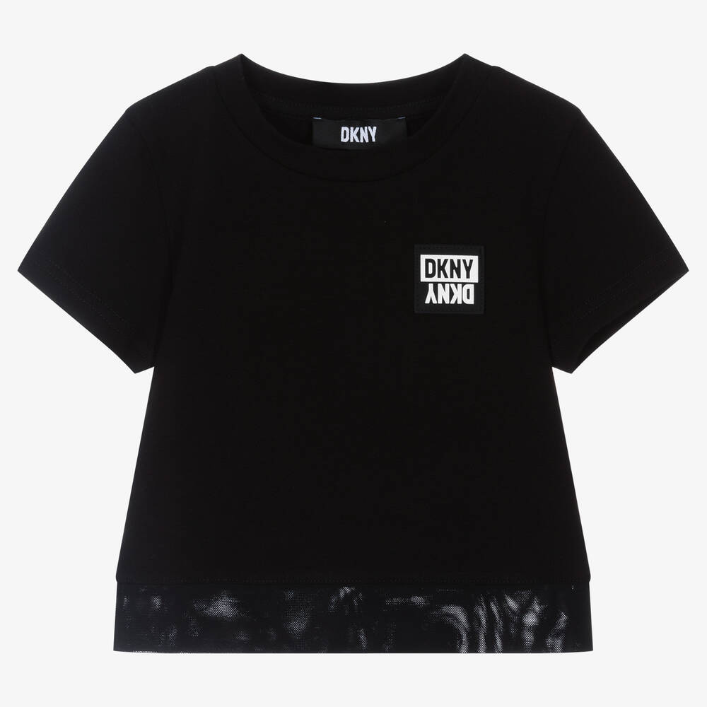 DKNY - تيشيرت قصير قطن جيرسي لون أسود للبنات | Childrensalon