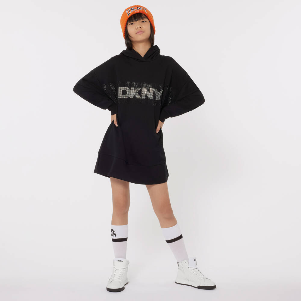 DKNY-Girls Black Hooded Dress with Rhinestones | Childrensalon Outlet