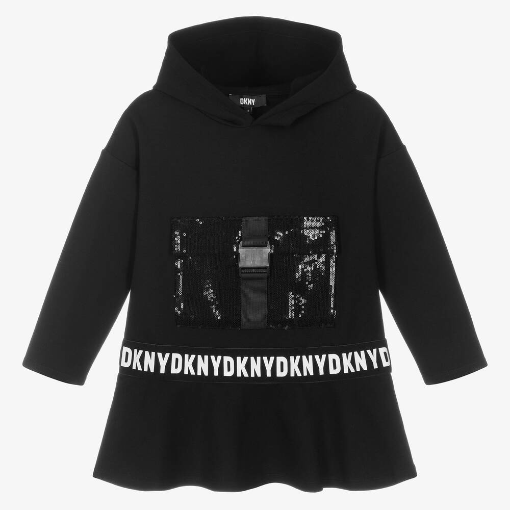 DKNY - Girls Black Hooded Logo Dress | Childrensalon