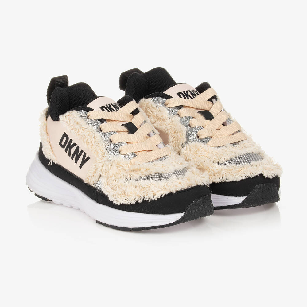 DKNY - Girls Black & Ivory Fluffy Logo Trainers | Childrensalon