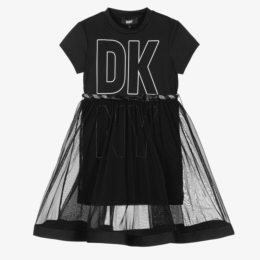 DKNY - Robe noire en jersey et mesh fille | Childrensalon