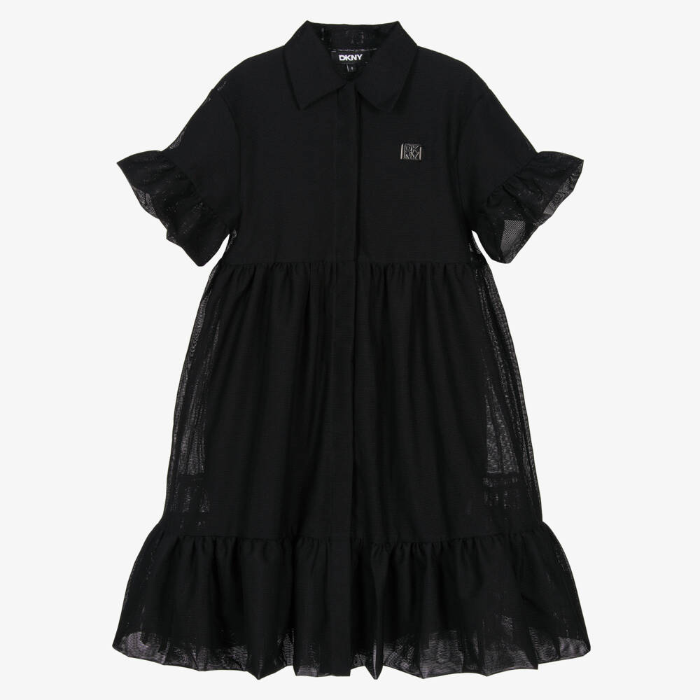 DKNY-فستان شبكي أسود للبنات مع كشكش | Childrensalon Outlet