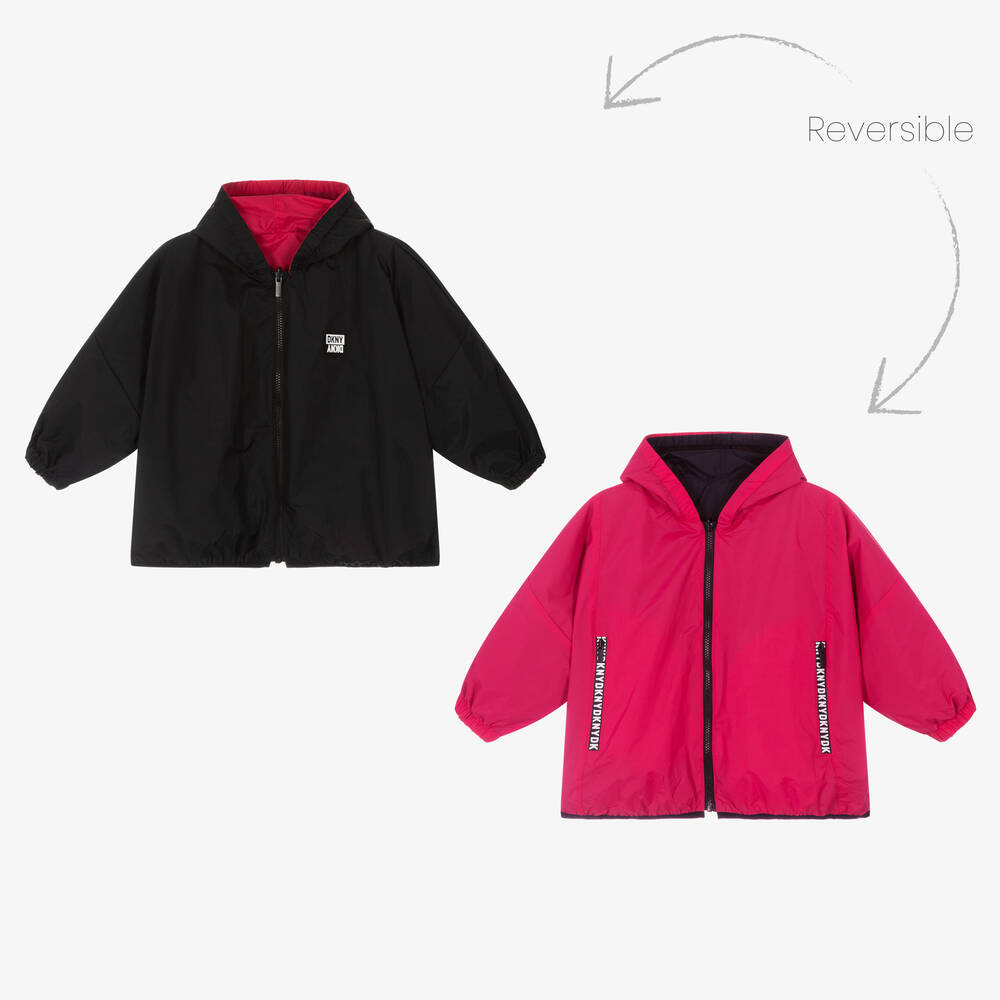 DKNY - Girls Black & Pink Reversible Coat | Childrensalon