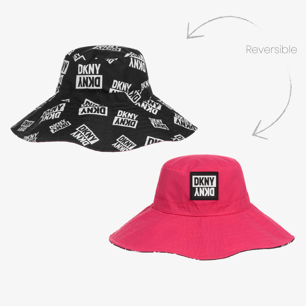 DKNY - قبعة للشمس بوجهين لون زهري فيوشيا وأسود | Childrensalon