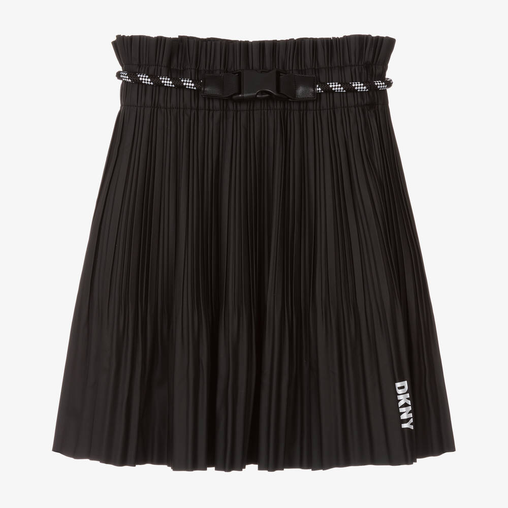 DKNY - Girls Black Pleated Faux Leather Skirt | Childrensalon