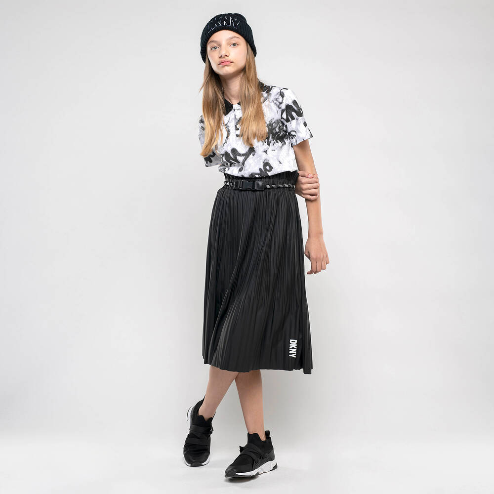 DKNY-Girls Black Pleated Faux Leather Skirt | Childrensalon Outlet