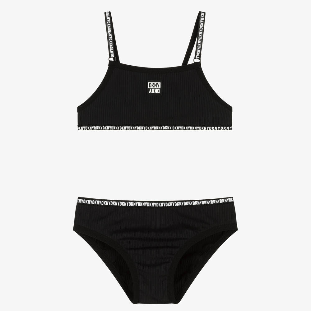 DKNY - Girls Black Ribbed Logo Bikini  | Childrensalon