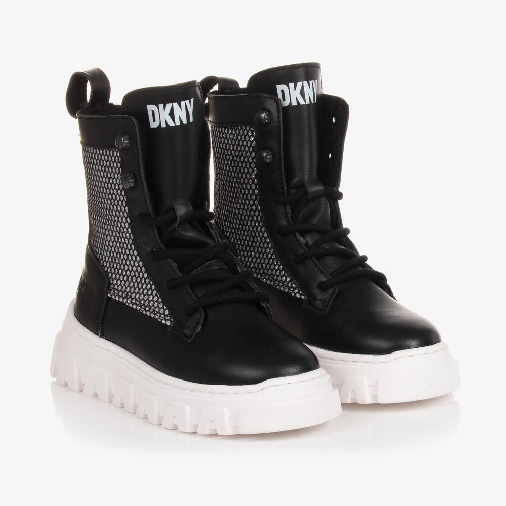 DKNY - بوت جلد وشبك لون أسود وفضّي للبنات | Childrensalon