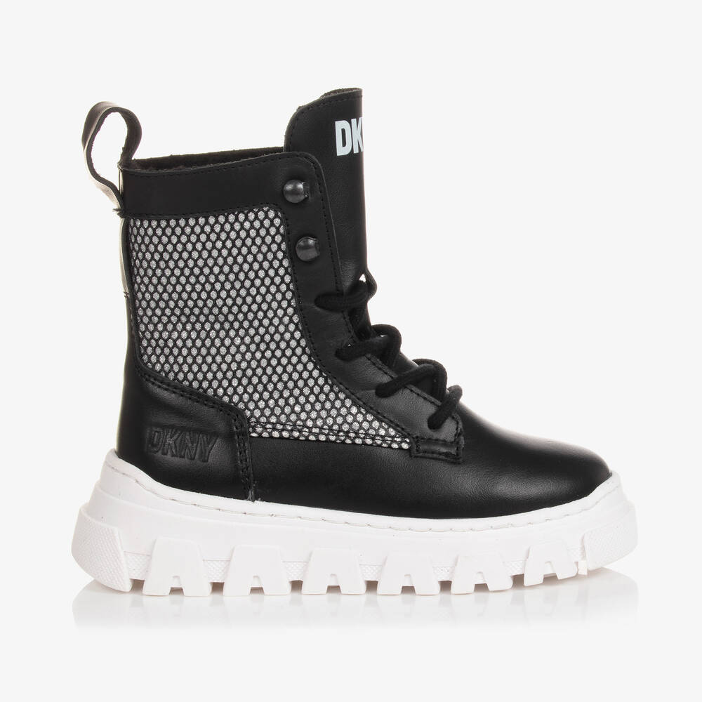 DKNY Girls Black Silver Leather Boots Childrensalon Outlet