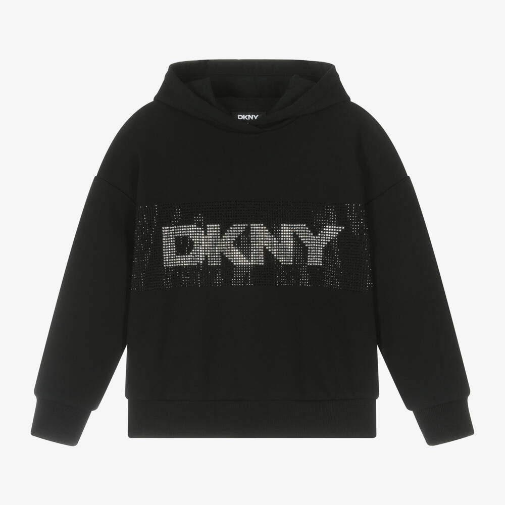 DKNY-هودي مزين راينستون قطن لون أسود للبنات | Childrensalon Outlet