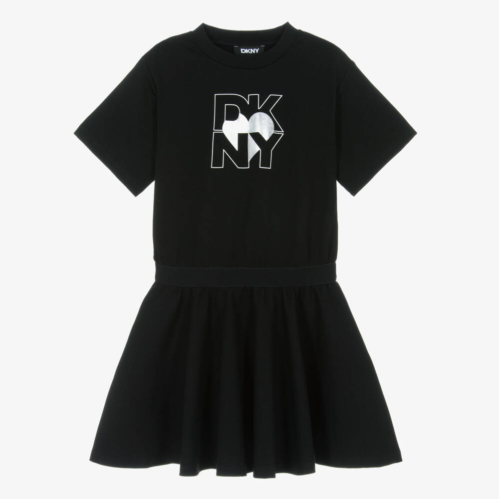 DKNY-Girls Black Viscose Jersey Dress with Silver Heart Logo | Childrensalon Outlet