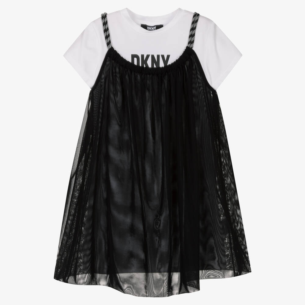 DKNY - فستان قطن جيرسي وشبك لون أبيض وأسود | Childrensalon