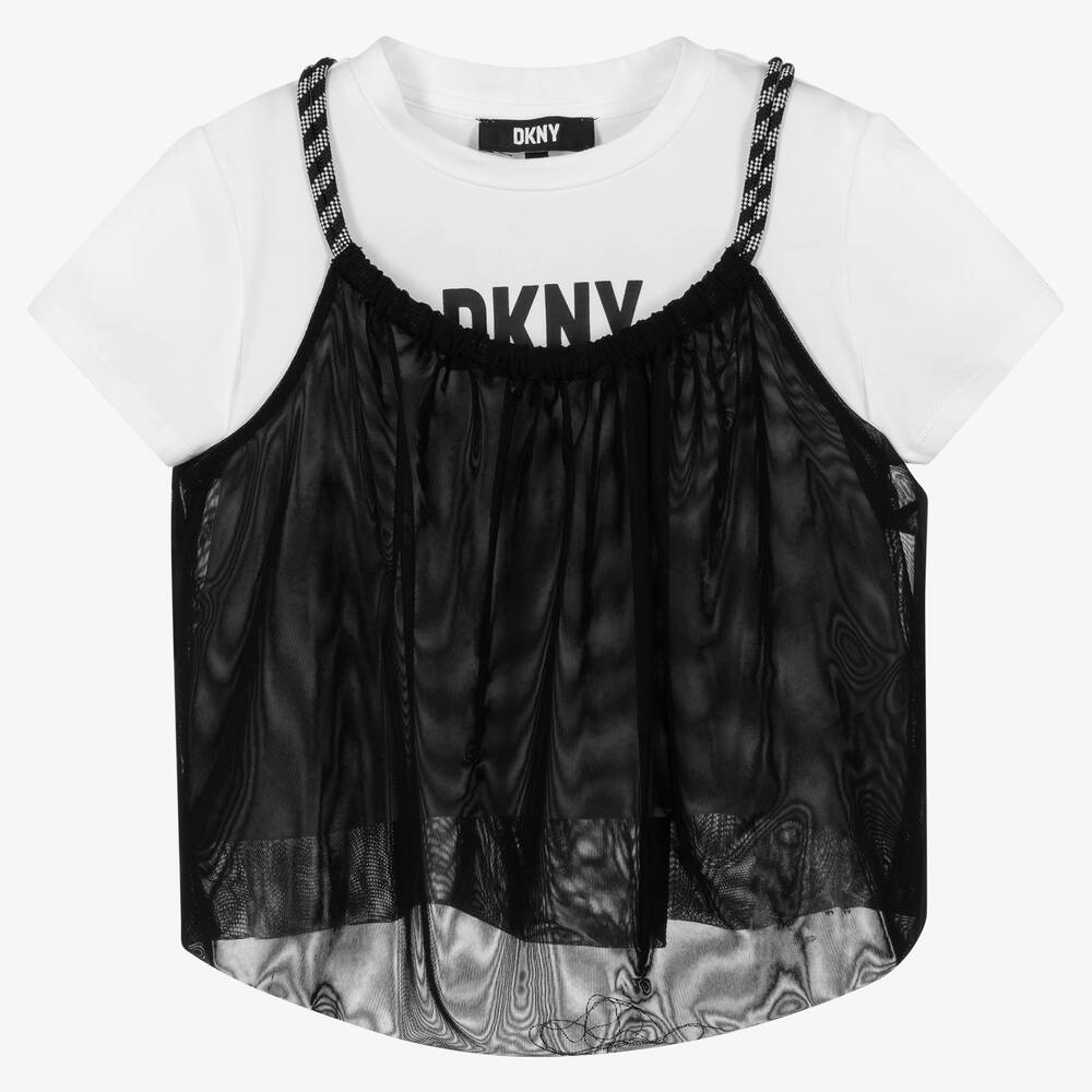 DKNY - T-shirt 2 en 1 noir et blanc fille | Childrensalon