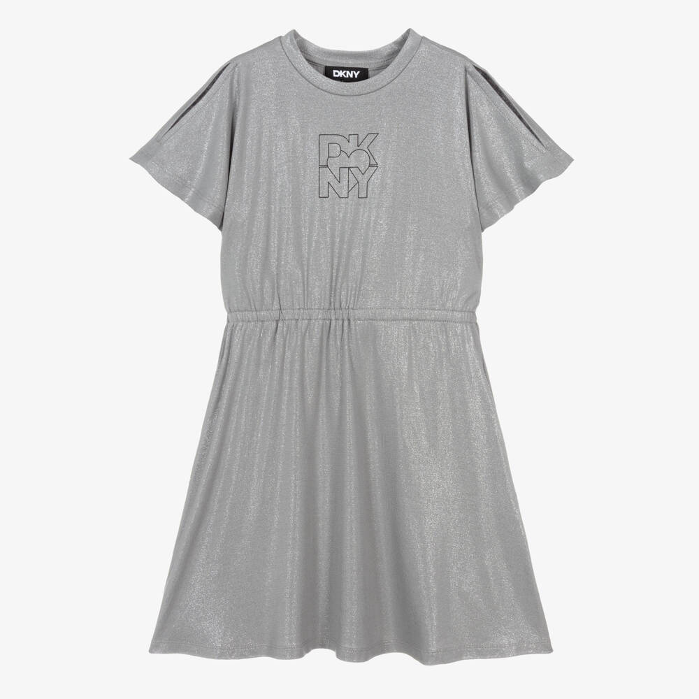 DKNY-Girls Glittery Grey Dress with Black Logo | Childrensalon Outlet