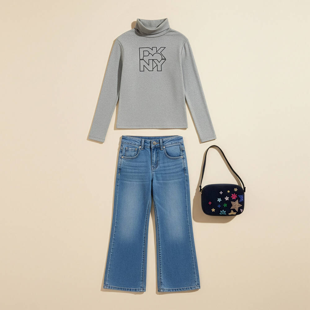 DKNY-بلوزة رمادية لامعة برقبة عالية للبنات | Childrensalon Outlet