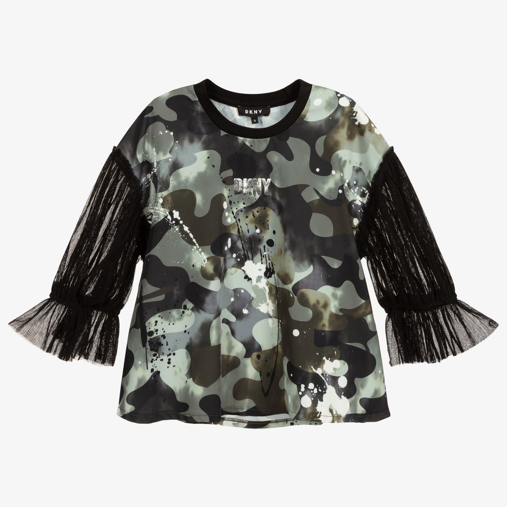 DKNY - Girls Green Camo & Tulle Top | Childrensalon