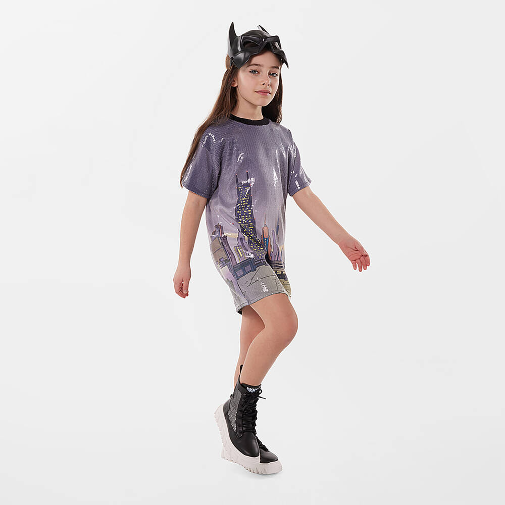 DKNY-فستان جيرسي لون رمادي-أرجواني مزين بترتر | Childrensalon Outlet