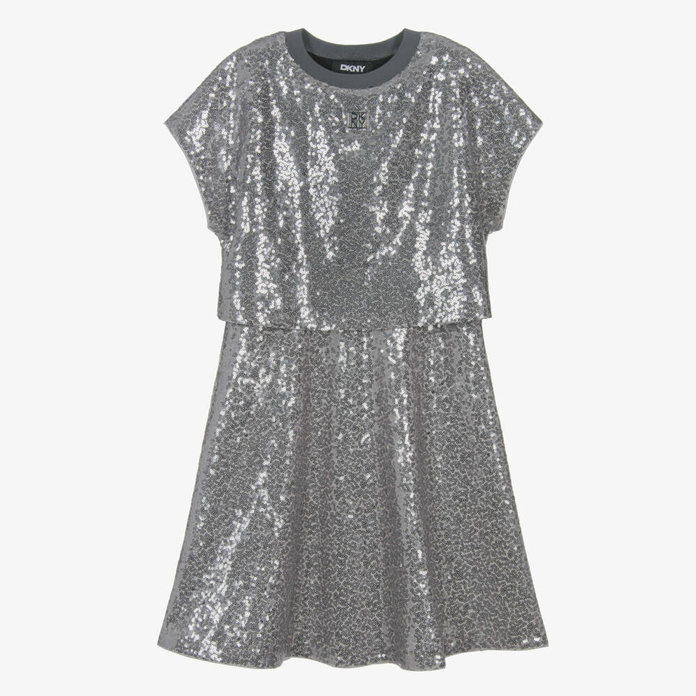 DKNY-Girls Grey Tulle & Silver Sequin Dress | Childrensalon Outlet