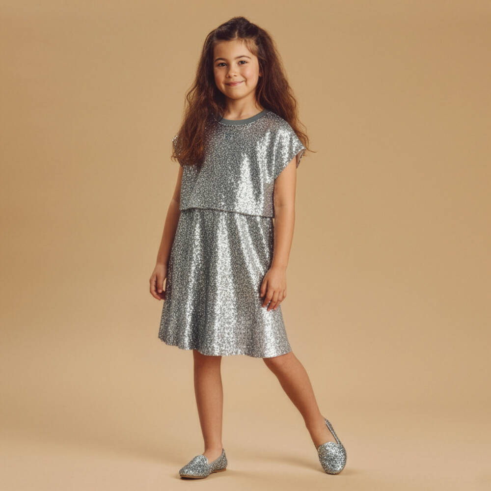 DKNY-Girls Grey Tulle & Silver Sequin Dress | Childrensalon Outlet